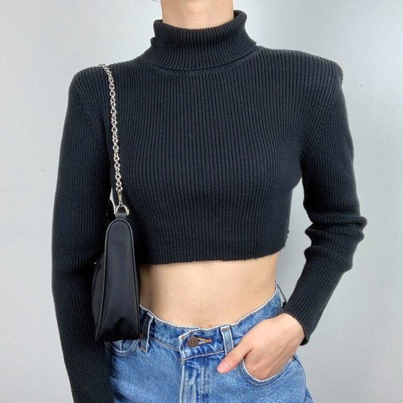 Vintage 90s Y2K Black Turtleneck Crop Top Sweater - Picture 7 of 7